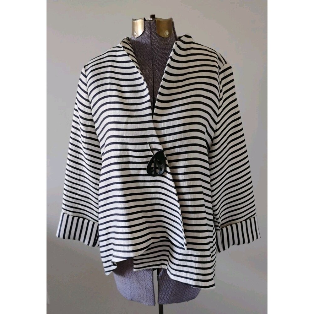 IC by Connie K Collection Navy White  Asymmetrical Striped One Button Jacket S